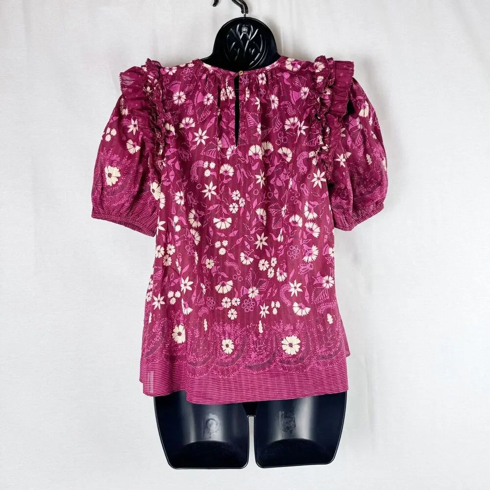 Ulla Johnson Arbor Red Embroidered Floral Puff Sleeve Cotton Top Size 0